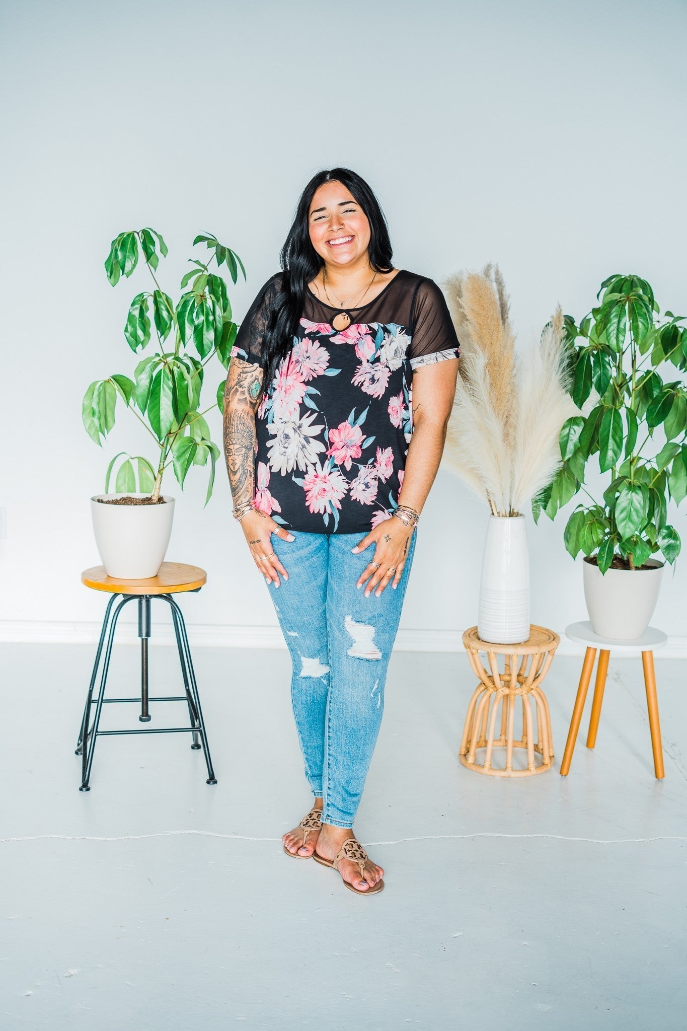 Black Floral Contrast Short Sleeve Top - Whiskey Skies