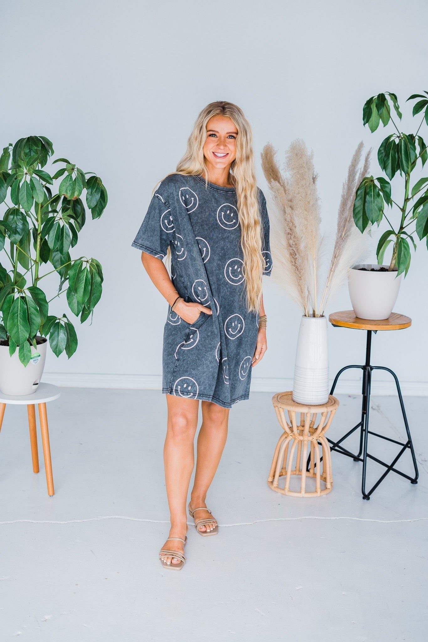 Black Happy Face Terry Tunic Dress - Whiskey Skies
