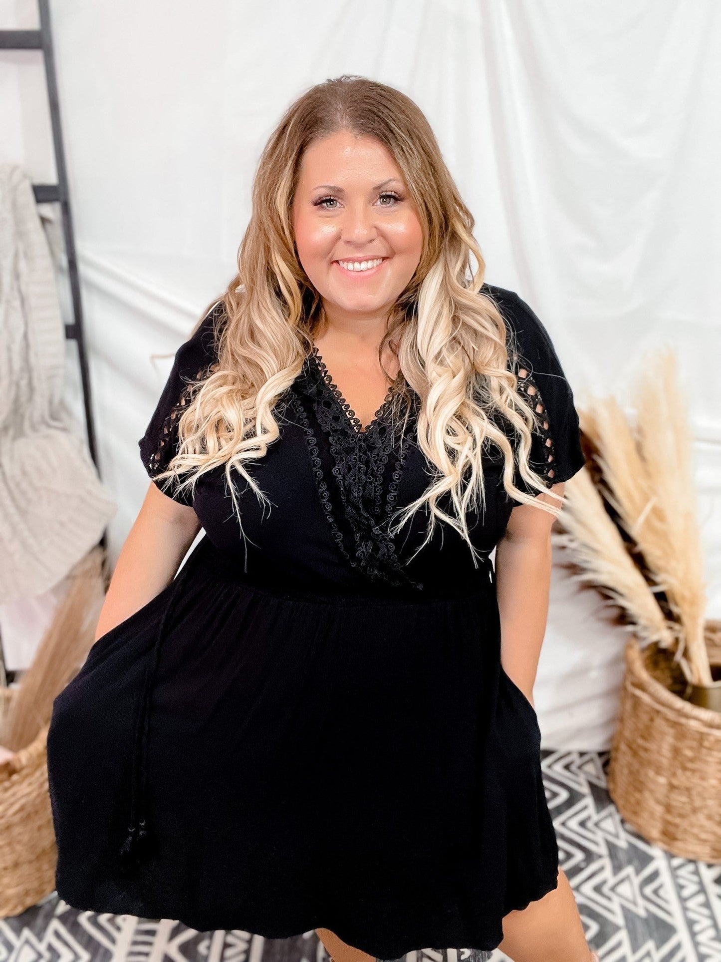 Black Lace Trim Short Sleeve Dress - Whiskey Skies - DAVI & DANI