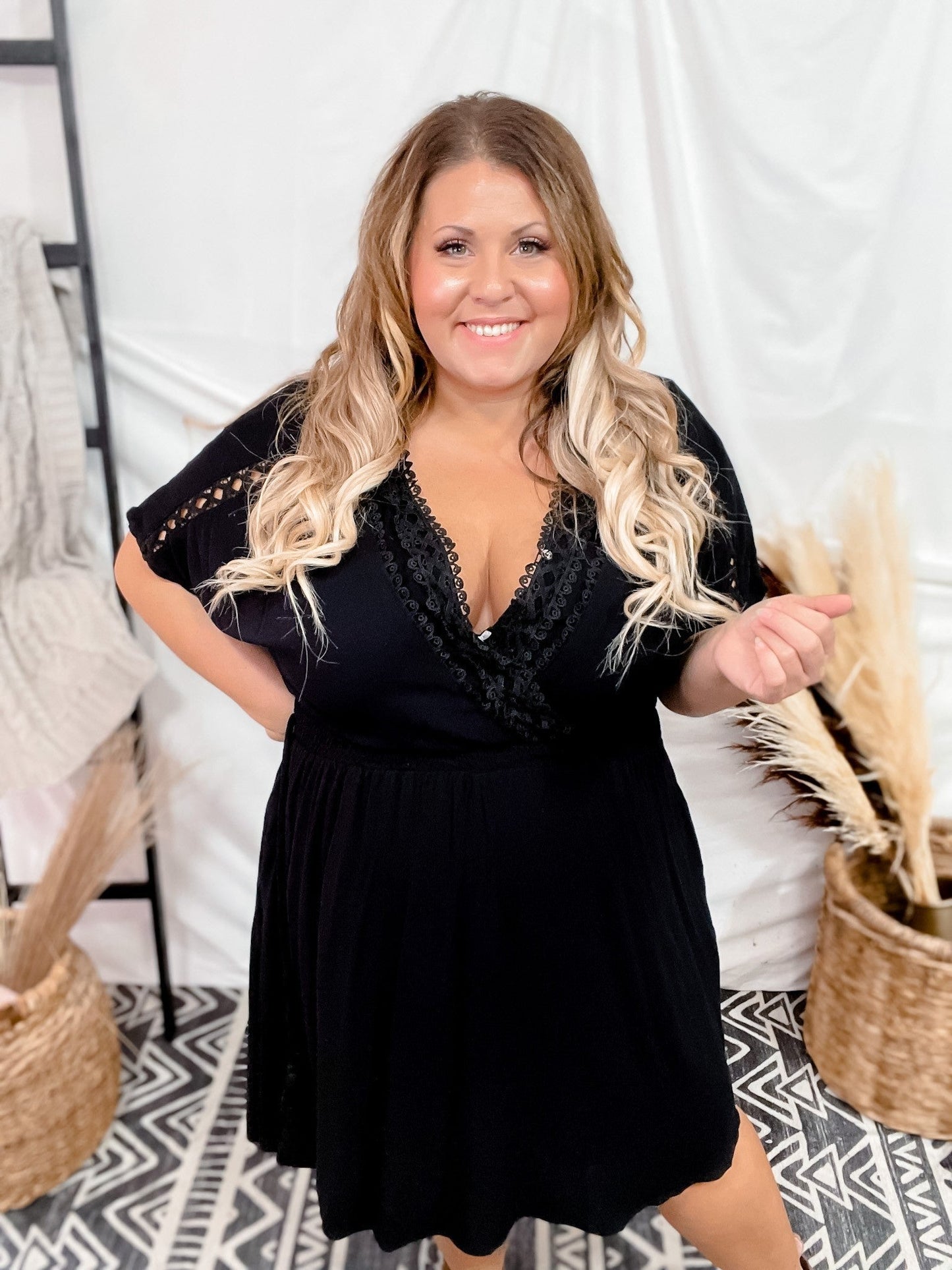 Black Lace Trim Short Sleeve Dress - Whiskey Skies - DAVI & DANI