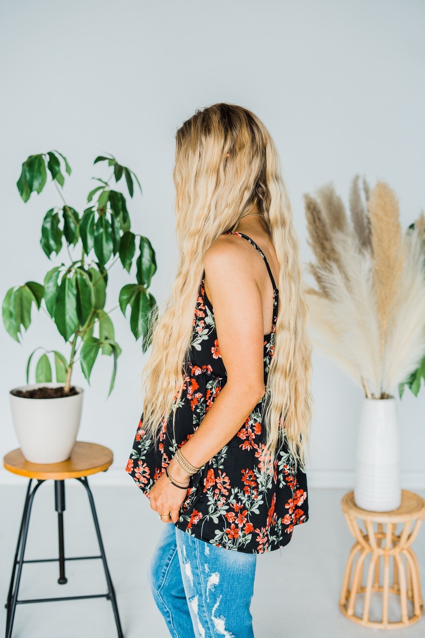 Black & Red Spaghetti Strap Floral Top - Whiskey Skies
