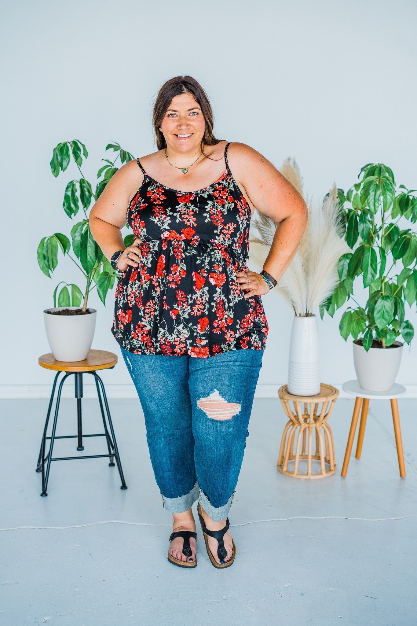 Black & Red Spaghetti Strap Floral Top - Whiskey Skies