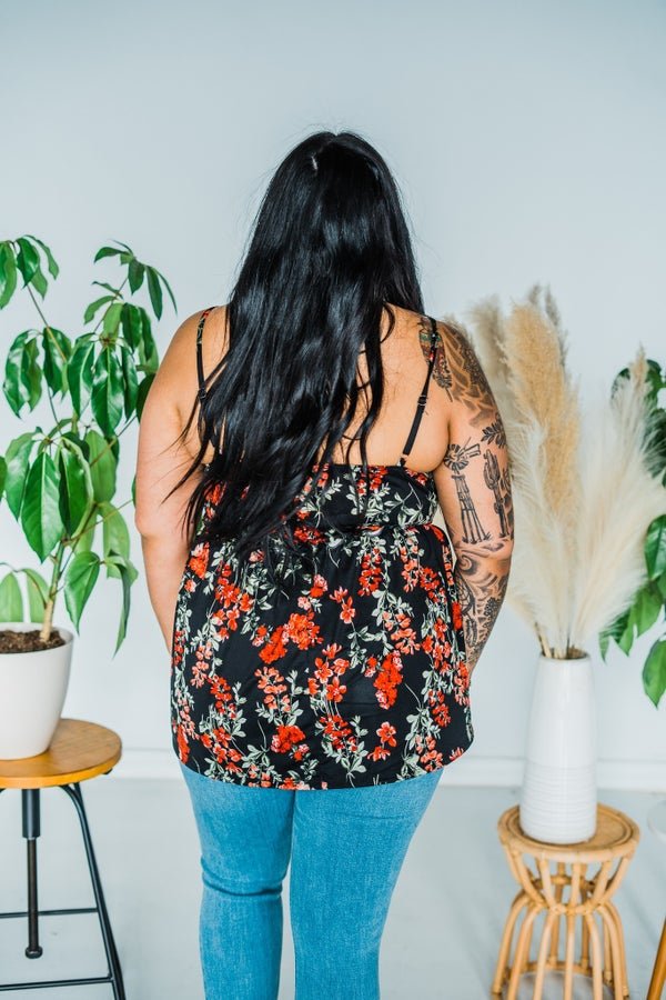 Black & Red Spaghetti Strap Floral Top - Whiskey Skies