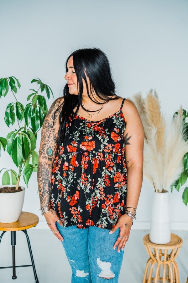 Black & Red Spaghetti Strap Floral Top - Whiskey Skies