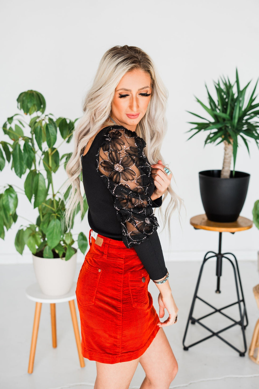 Black Sequined Floral Lace Knit Top - Whiskey Skies