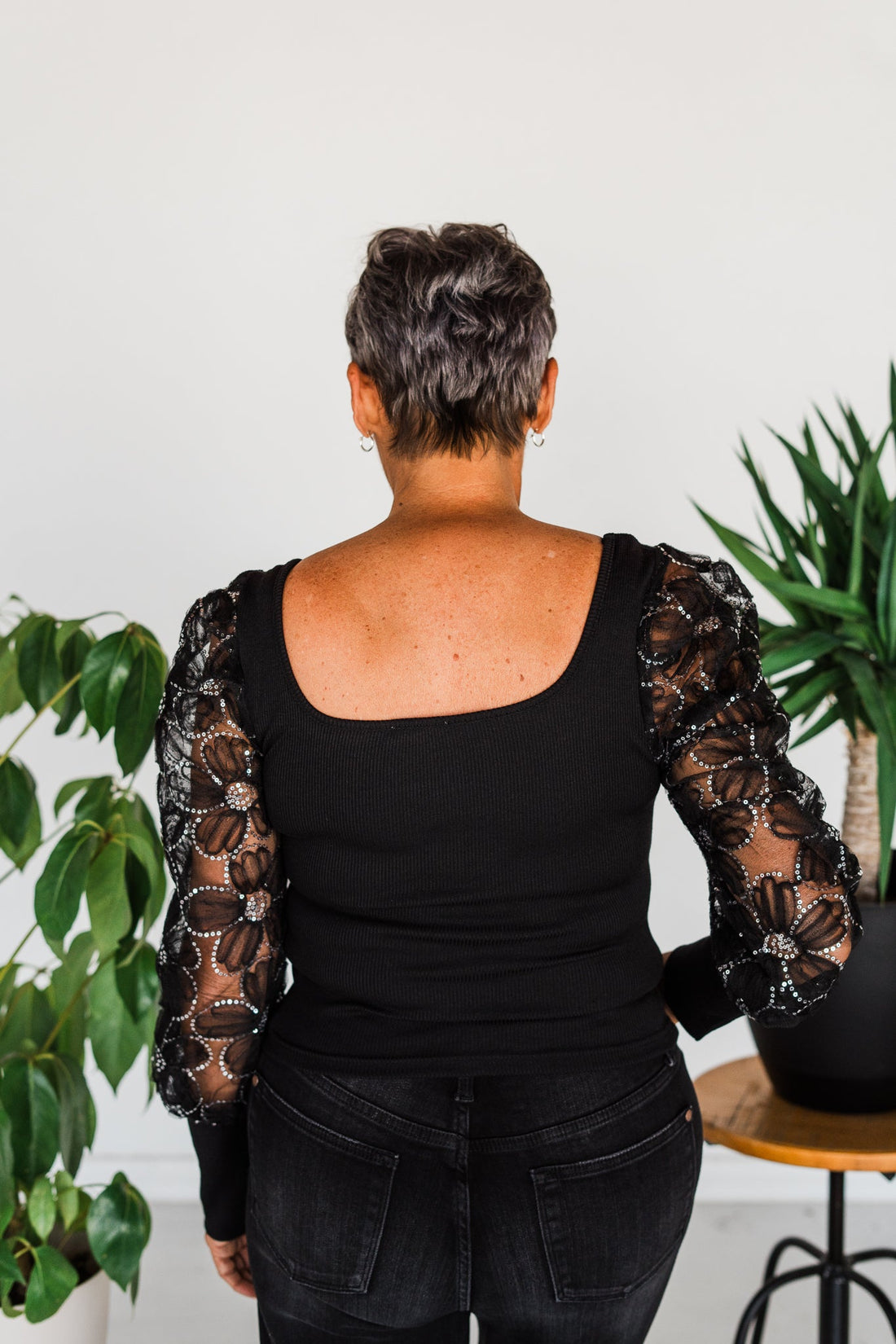 Black Sequined Floral Lace Knit Top - Whiskey Skies