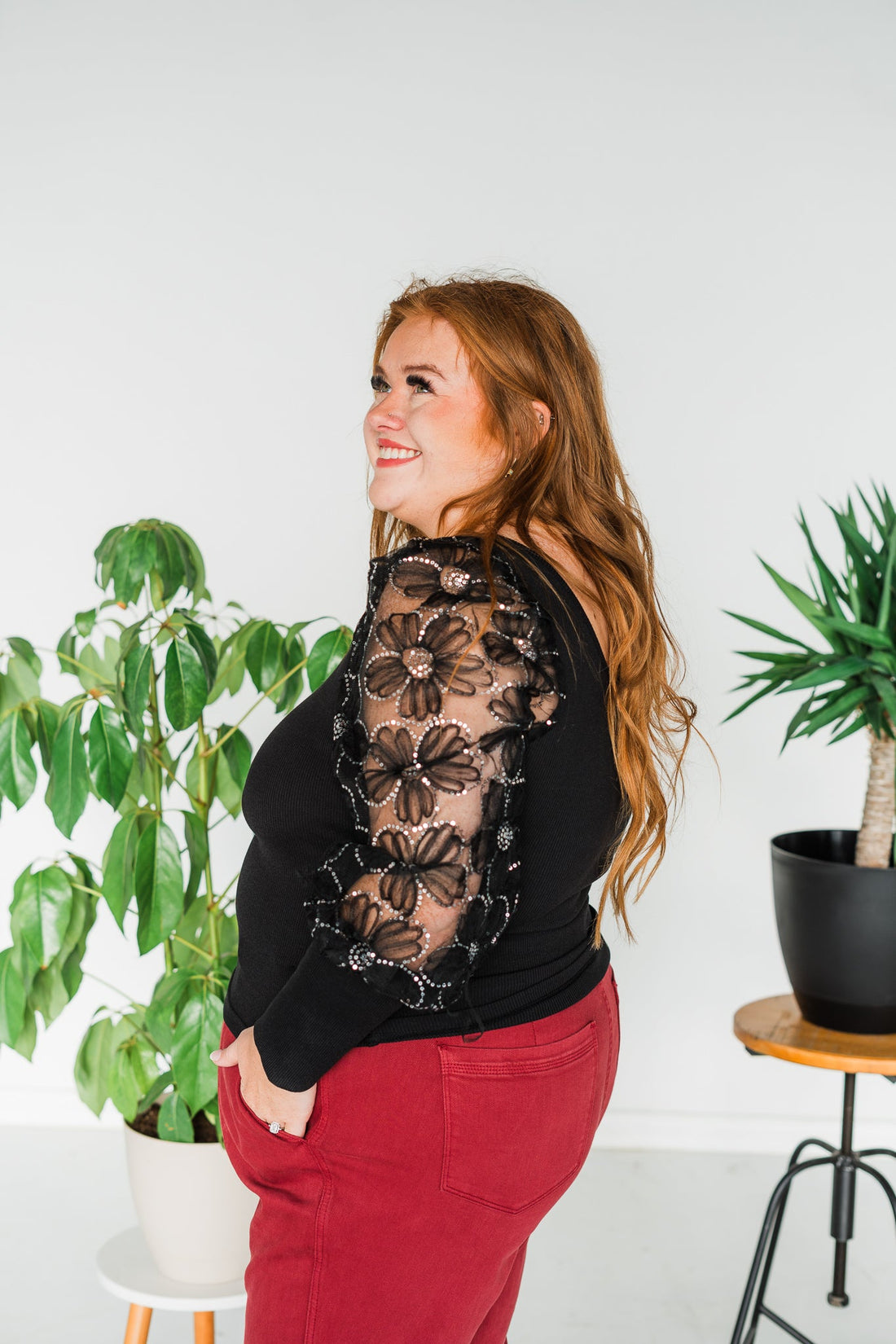 Black Sequined Floral Lace Knit Top - Whiskey Skies