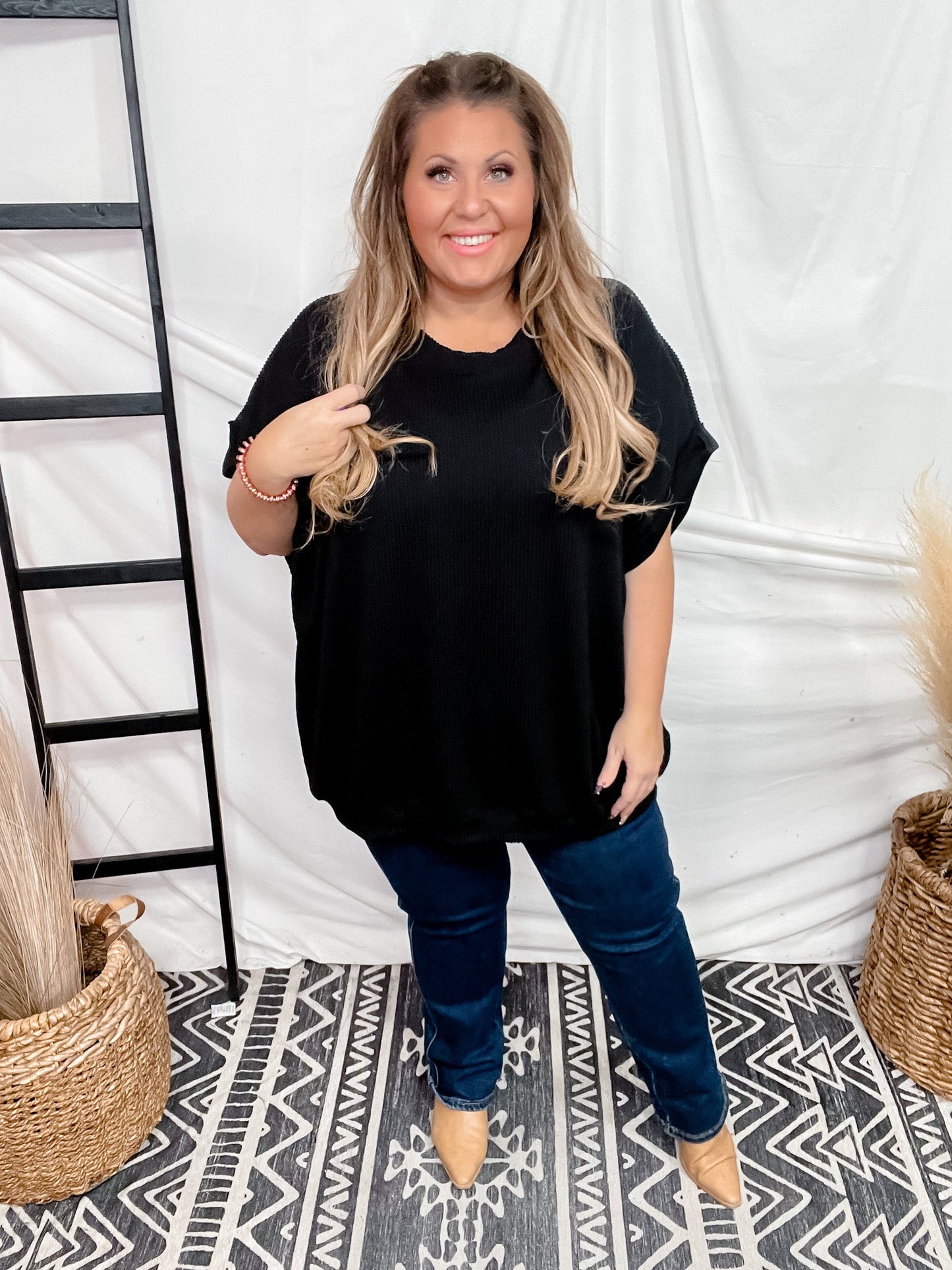 Black Short Sleeve Drop Shoulder Corded Sweater - Whiskey Skies