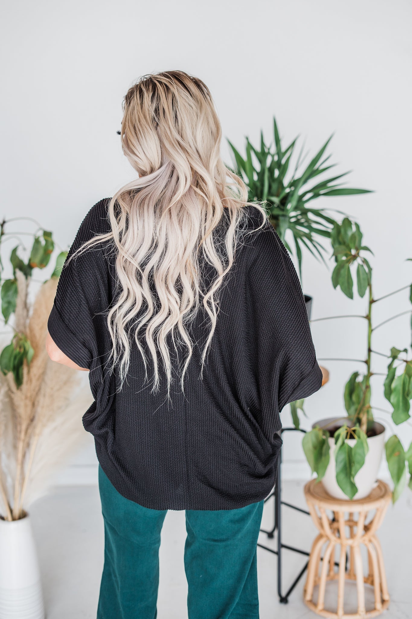 Black Short Sleeve Drop Shoulder Corded Sweater - Whiskey Skies