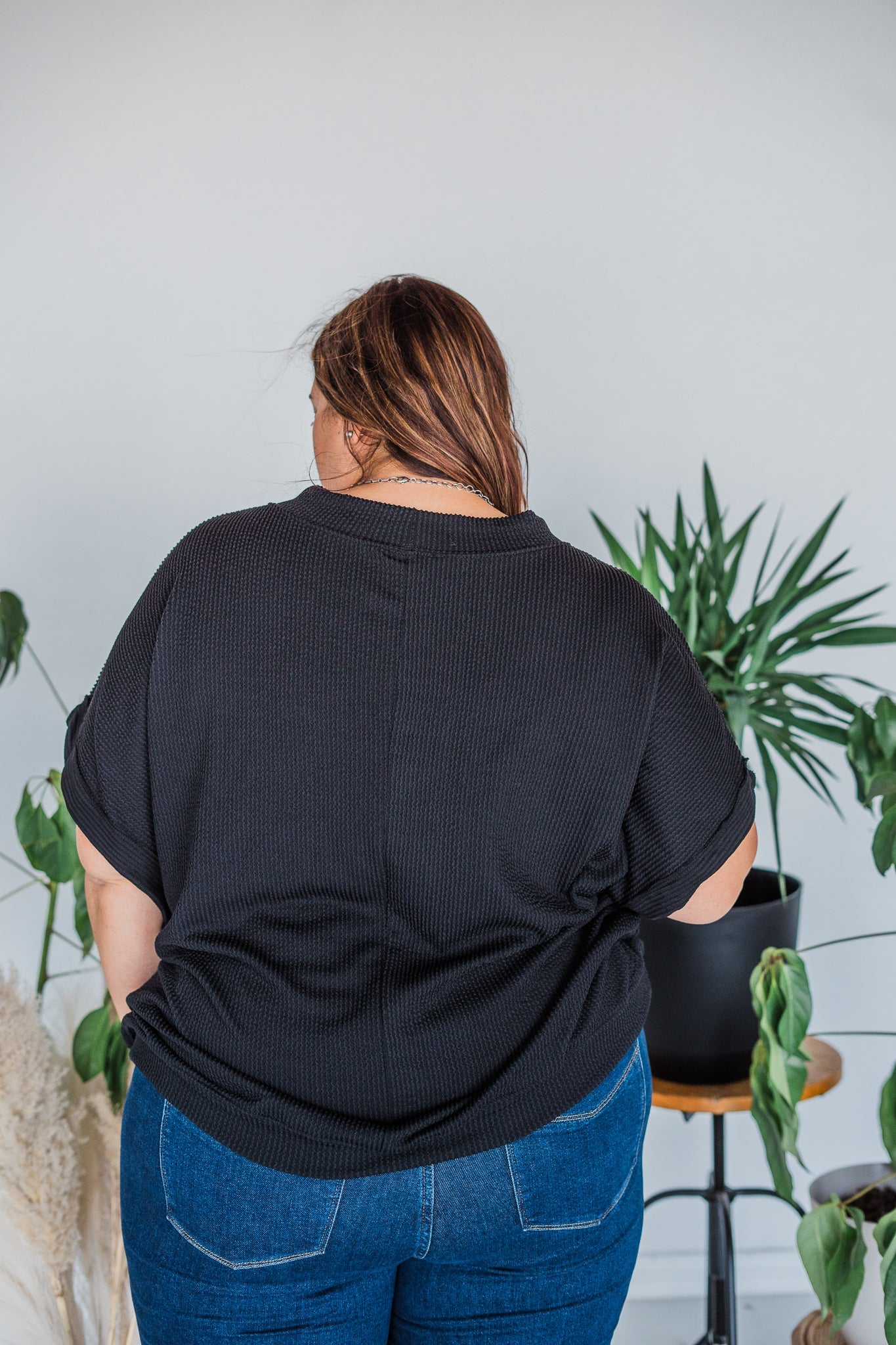 Black Short Sleeve Drop Shoulder Corded Sweater - Whiskey Skies