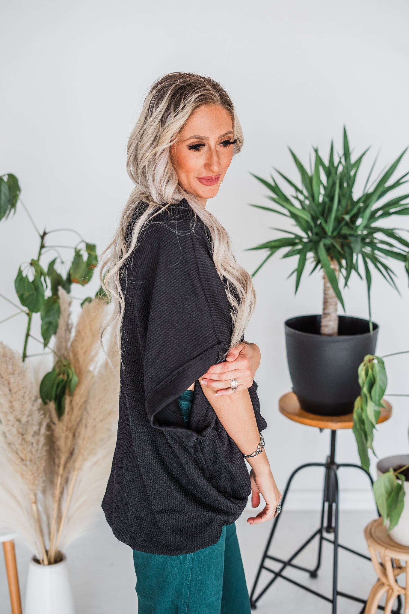 Black Short Sleeve Drop Shoulder Corded Sweater - Whiskey Skies