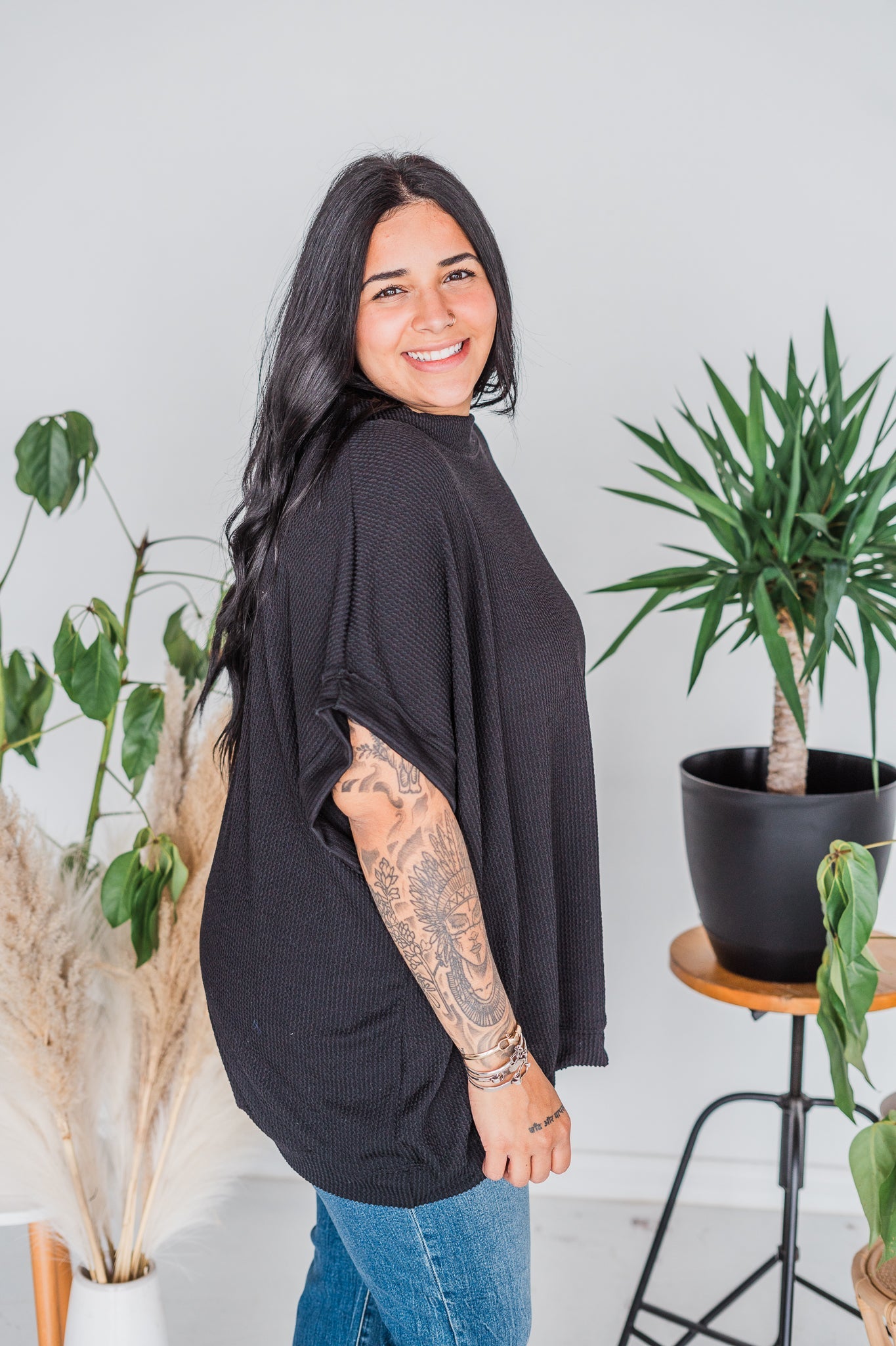 Black Short Sleeve Drop Shoulder Corded Sweater - Whiskey Skies