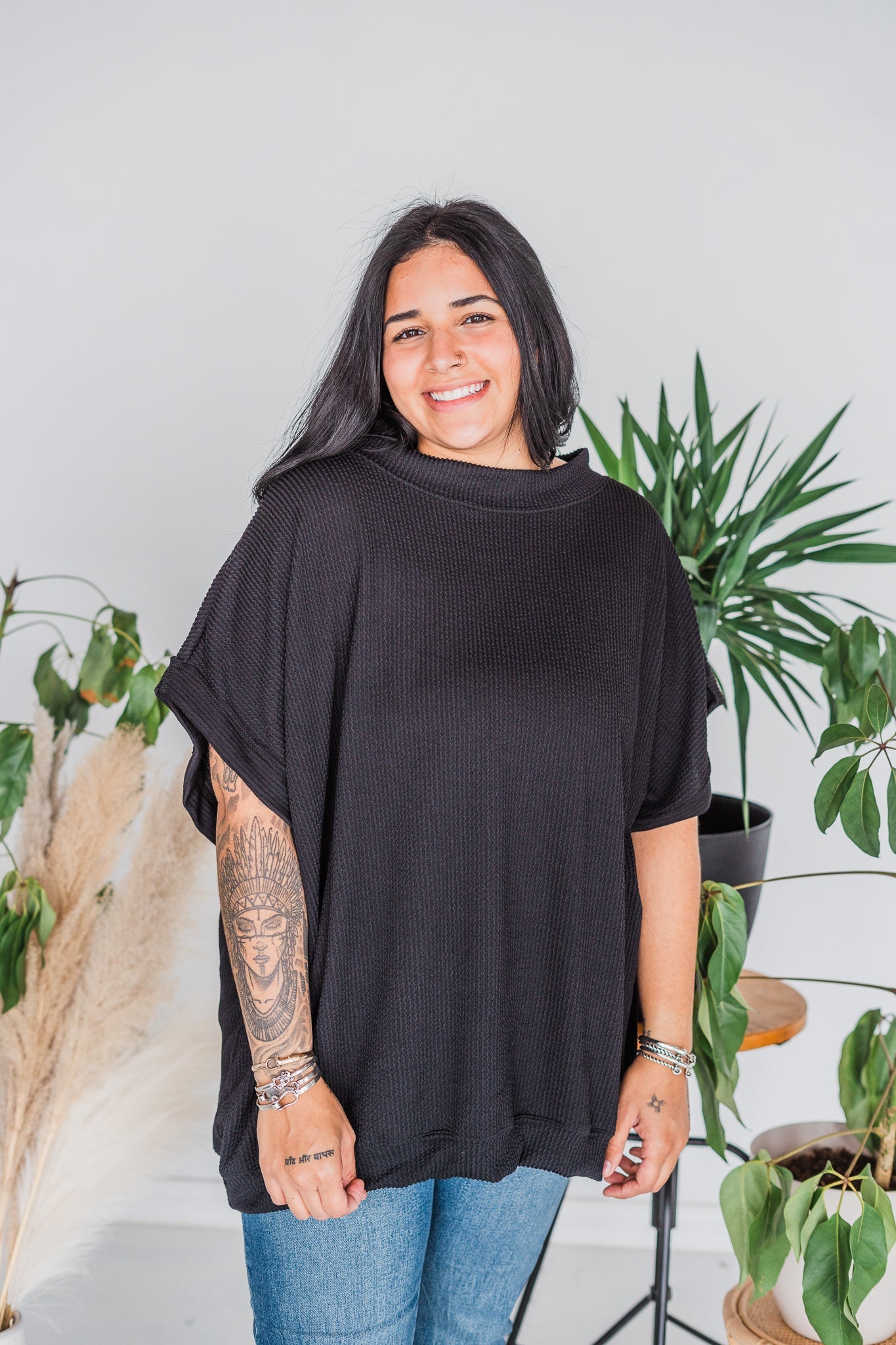 Black Short Sleeve Drop Shoulder Corded Sweater - Whiskey Skies