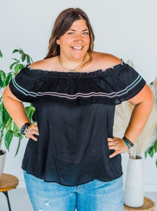 Black Sleeveless Embroidered Ruffle Top - Whiskey Skies