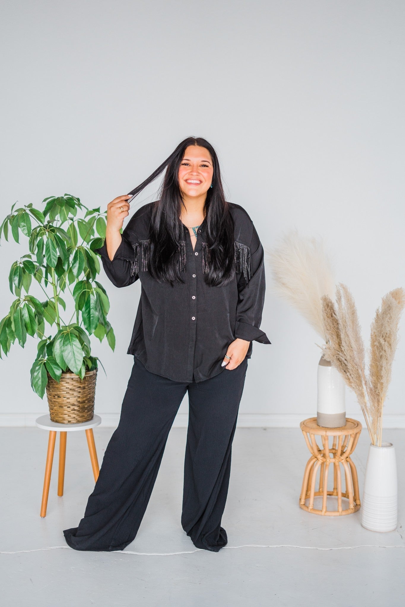 Black Smocked Waist Wide Leg Pant - Whiskey Skies