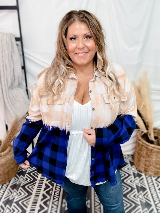 Blue Buffalo Plaid Dip Dyed Button Down Top - Whiskey Skies