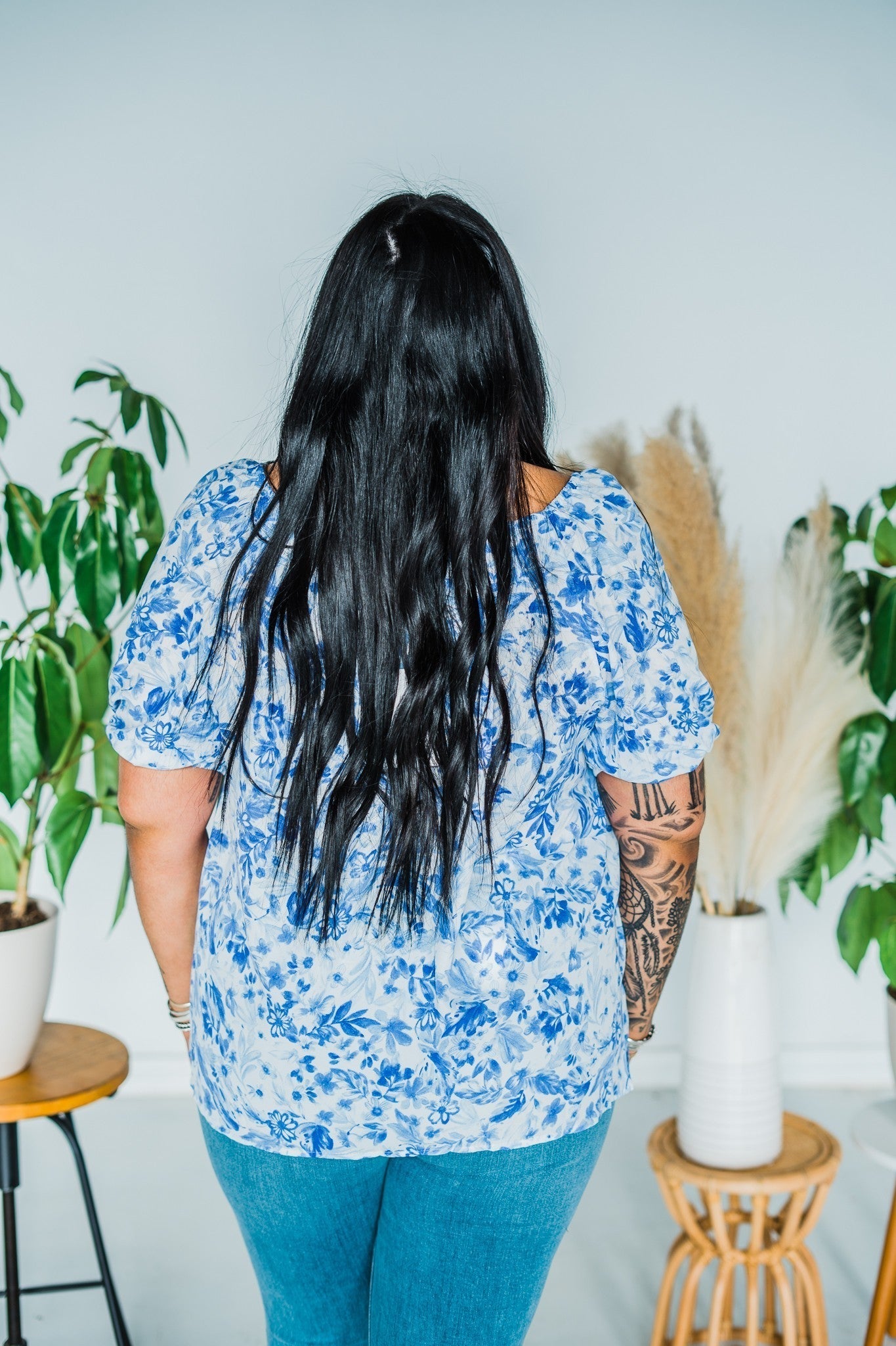 Blue & Ivory Floral Blouse - Whiskey Skies