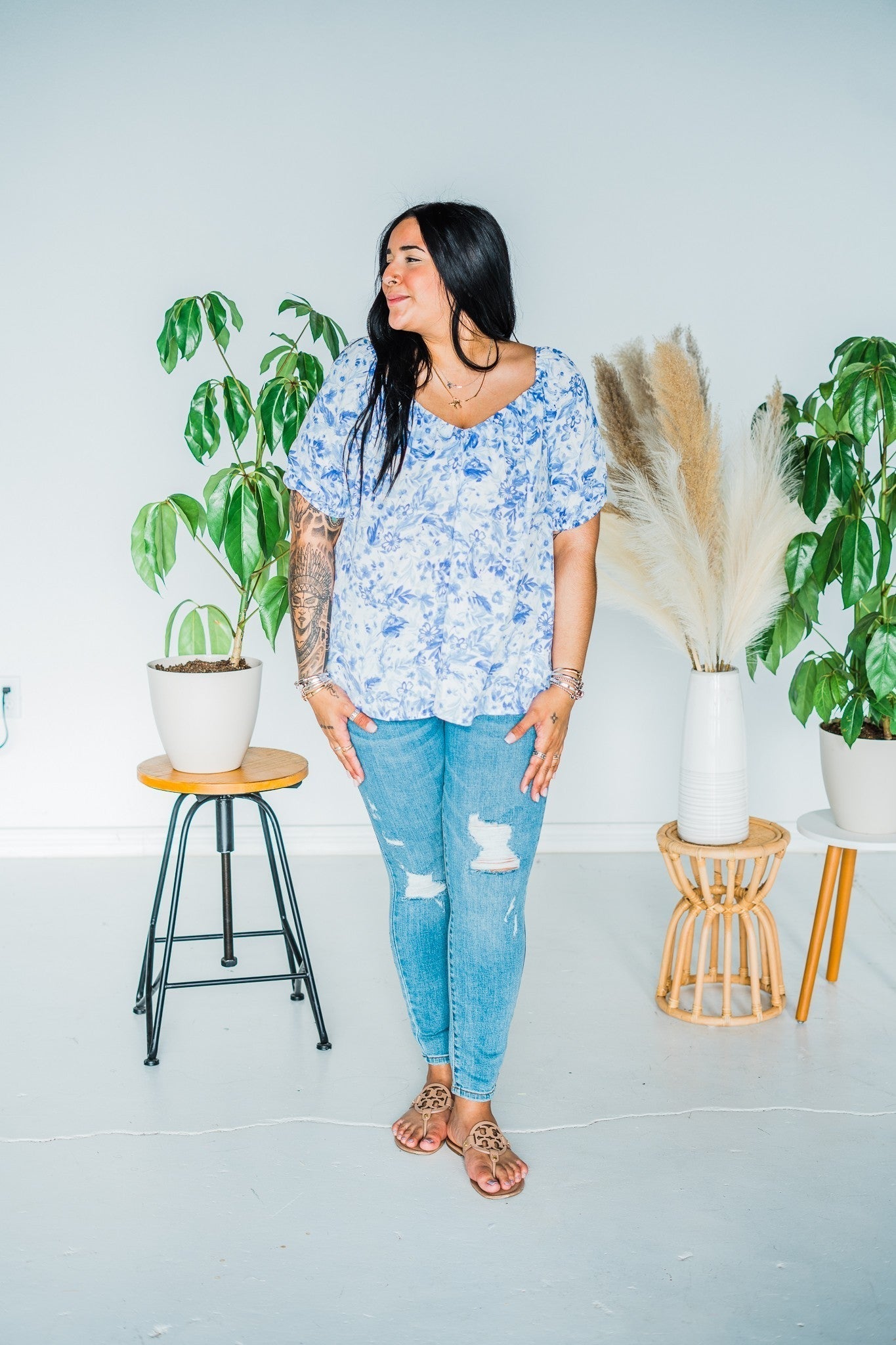 Blue & Ivory Floral Blouse - Whiskey Skies