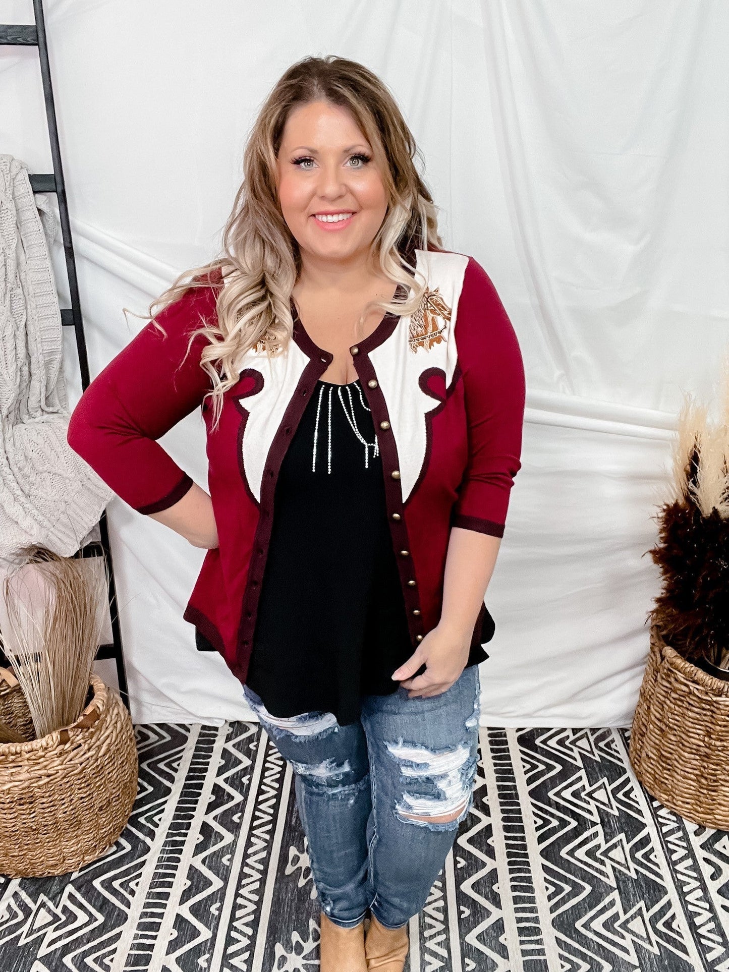 Burgundy Horse Embroidered Cardigan - Whiskey Skies