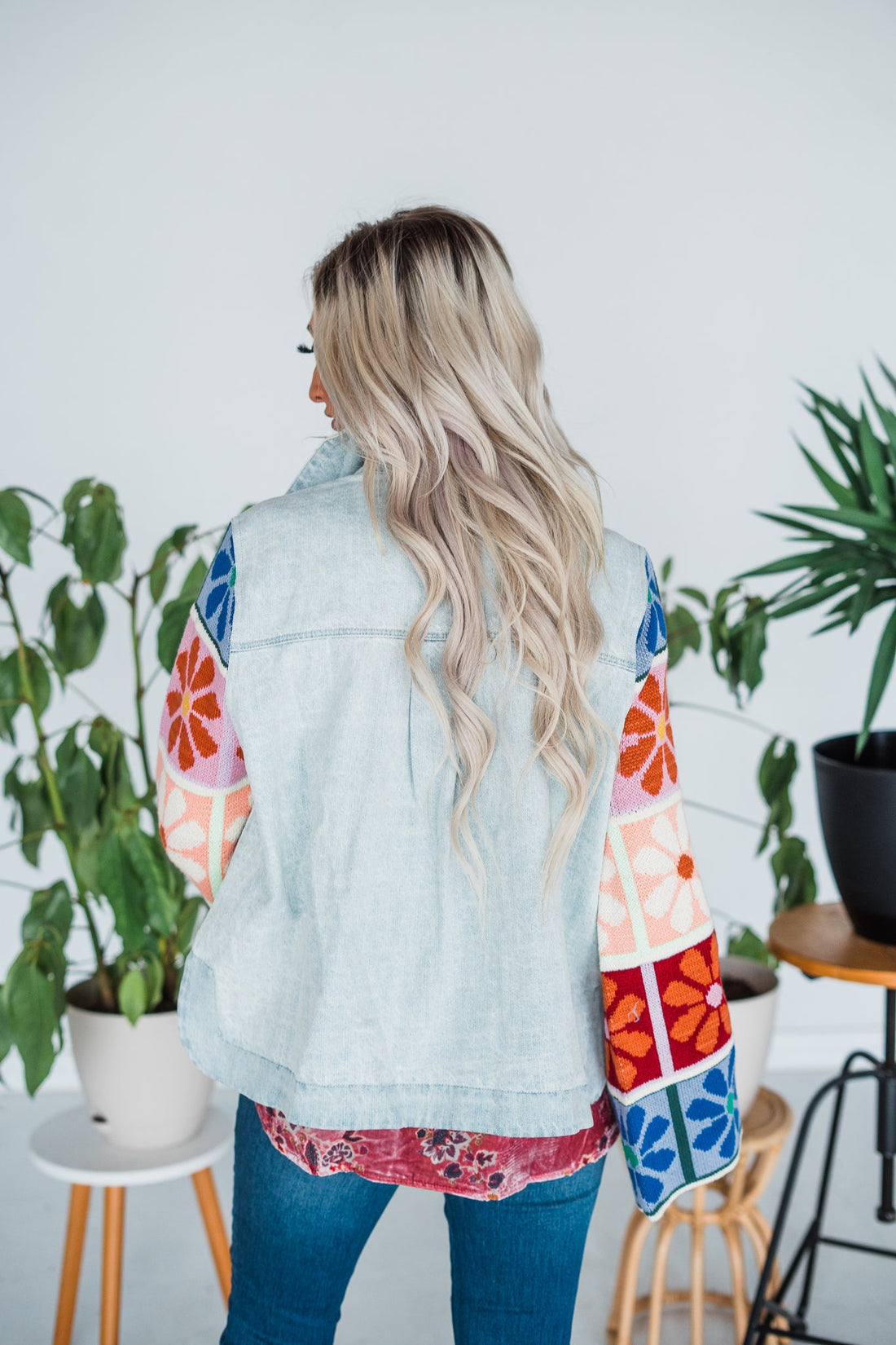Button Front Denim Jacket with Floral Sweater Sleeves - Whiskey Skies