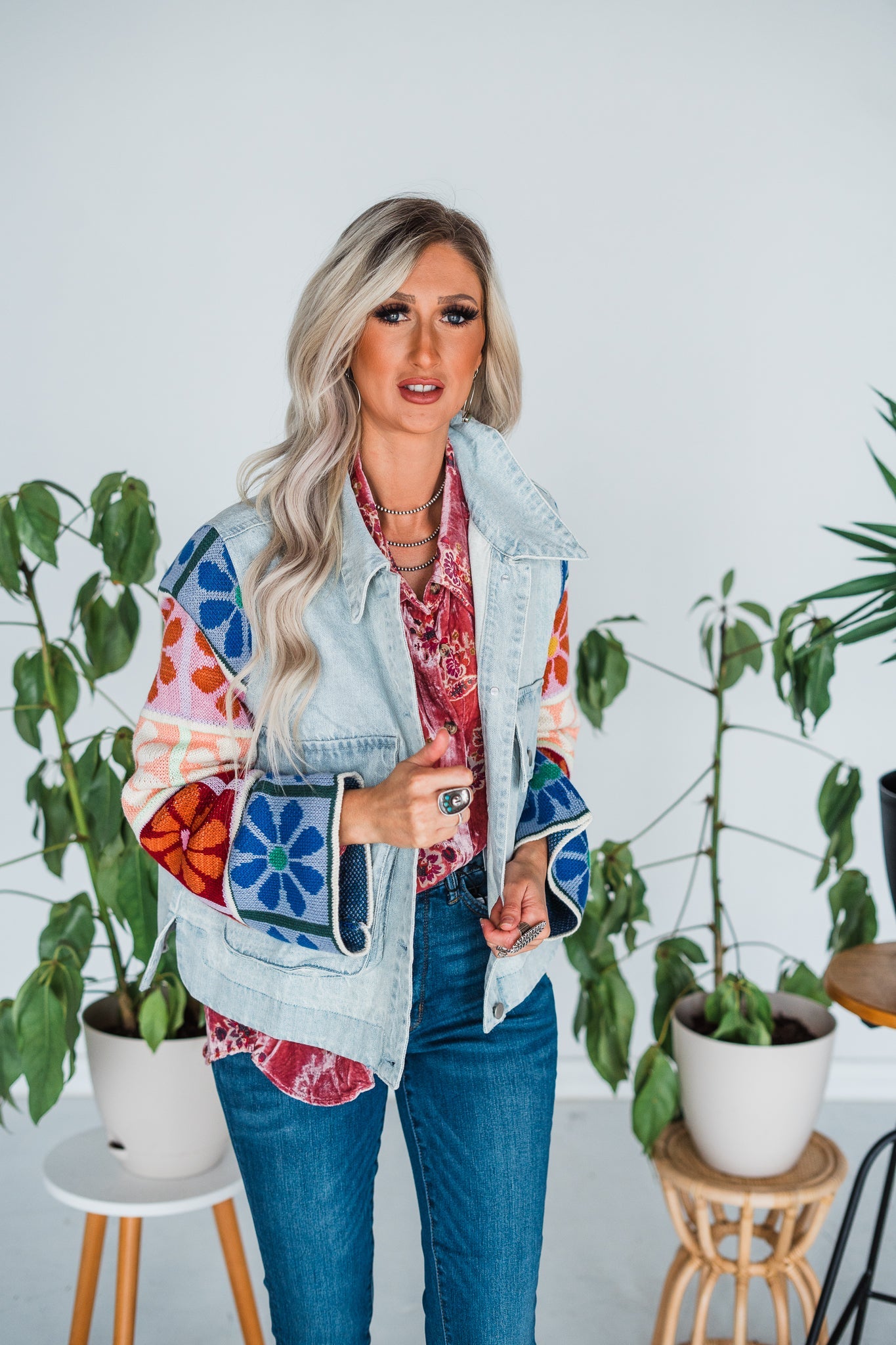 Button Front Denim Jacket with Floral Sweater Sleeves - Whiskey Skies