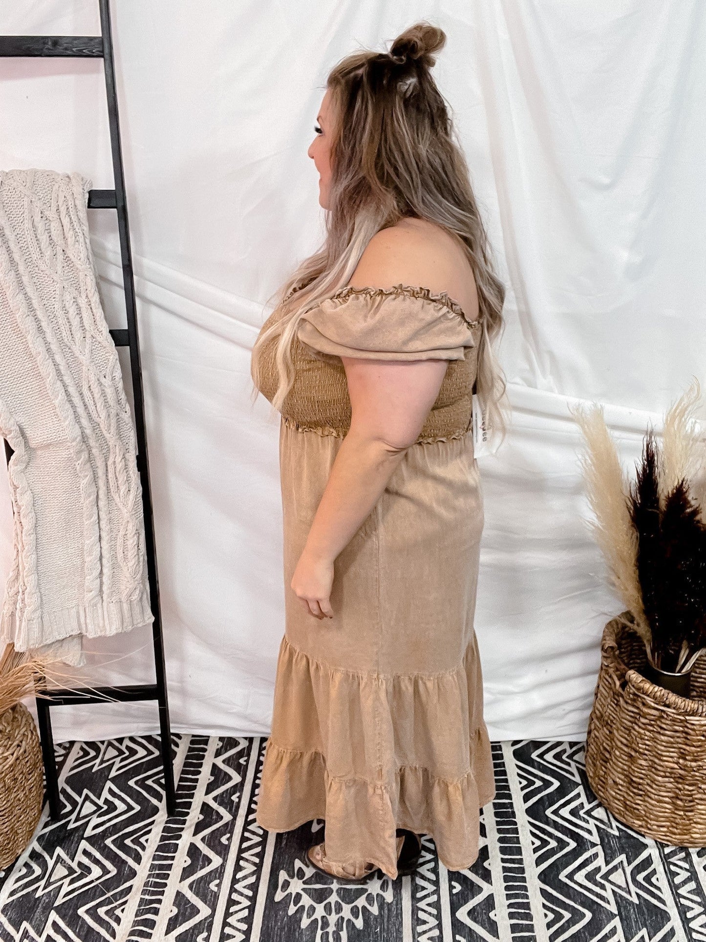 Camel Colored Denim Dress - Whiskey Skies - GEEGEE