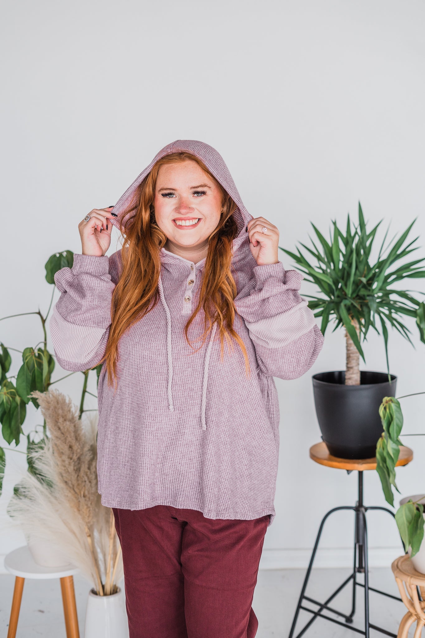 Casual Knit Long Sleeve Hoodie in Dusty Plum - Whiskey Skies
