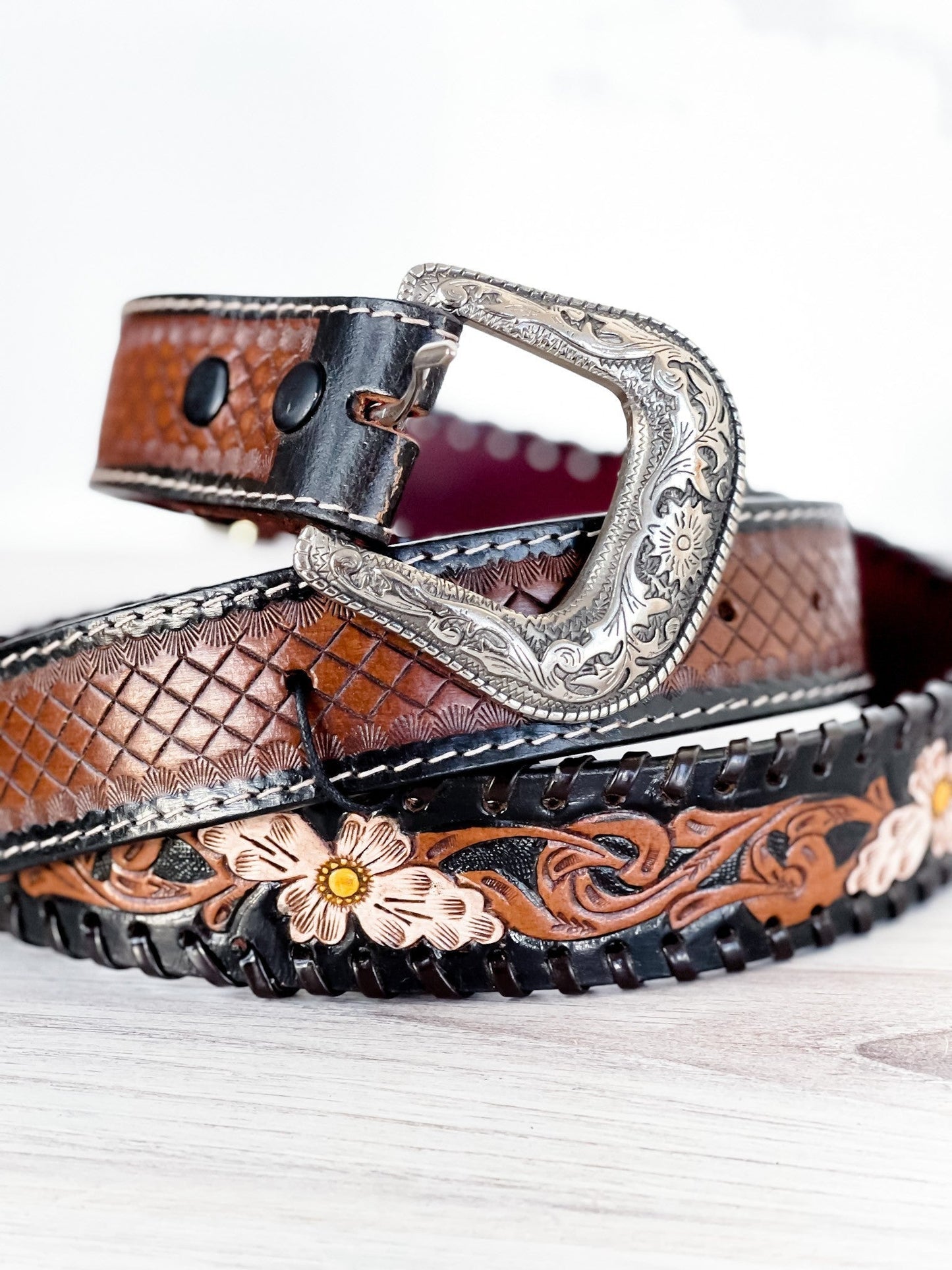 Checkered Brown Hand-Tooled Leather Belt - Whiskey Skies