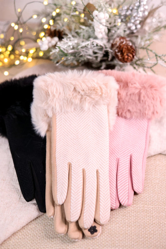 Chevron Printed Furry Cuff Gloves - Whiskey Skies