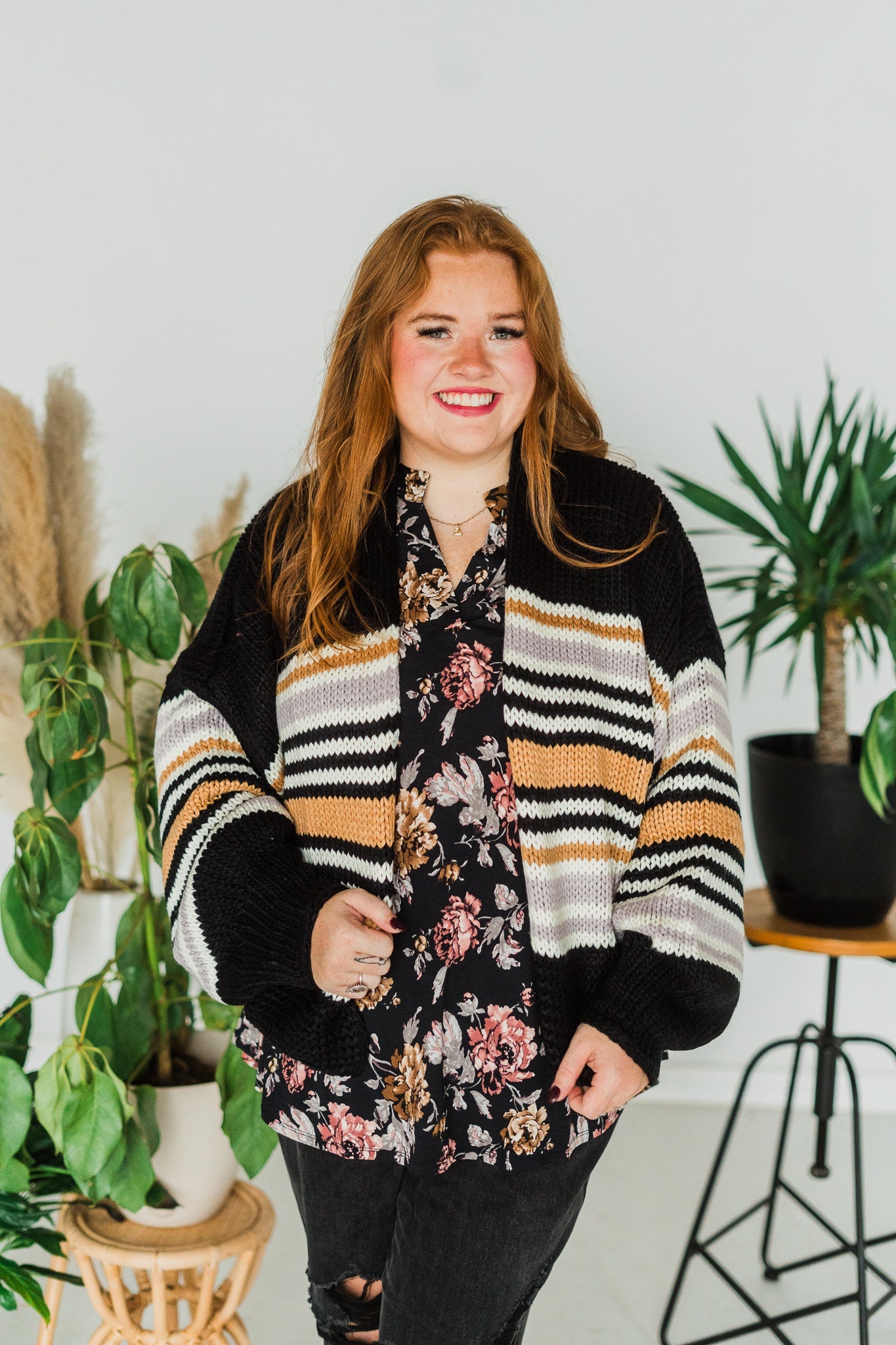 Chunky Knit Striped Open Cardigan - Whiskey Skies