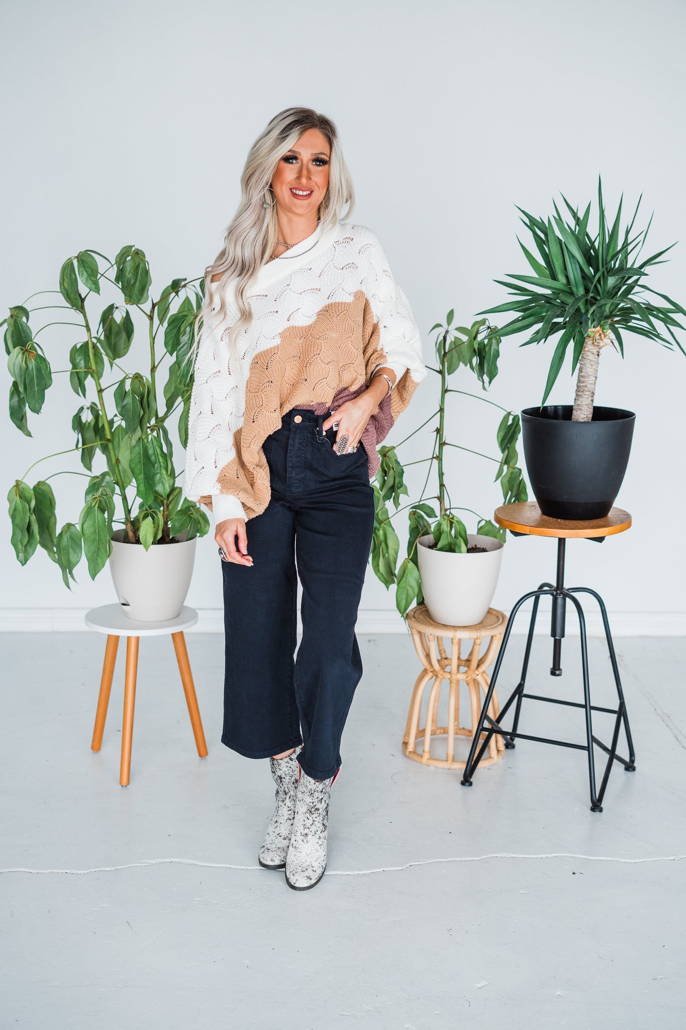 Color Block Dolman Sleeve Knit Sweater - Whiskey Skies