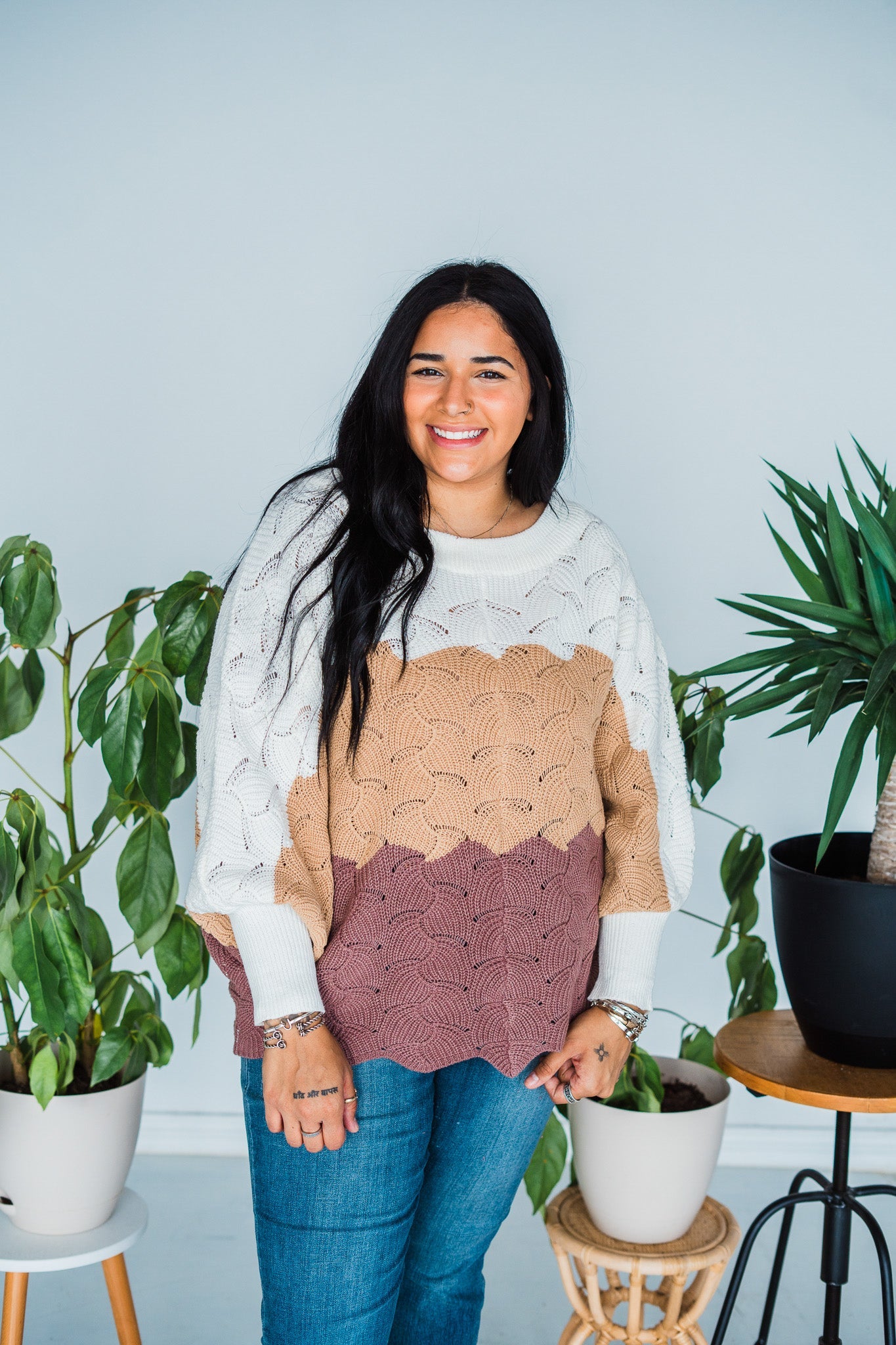 Color Block Dolman Sleeve Knit Sweater - Whiskey Skies