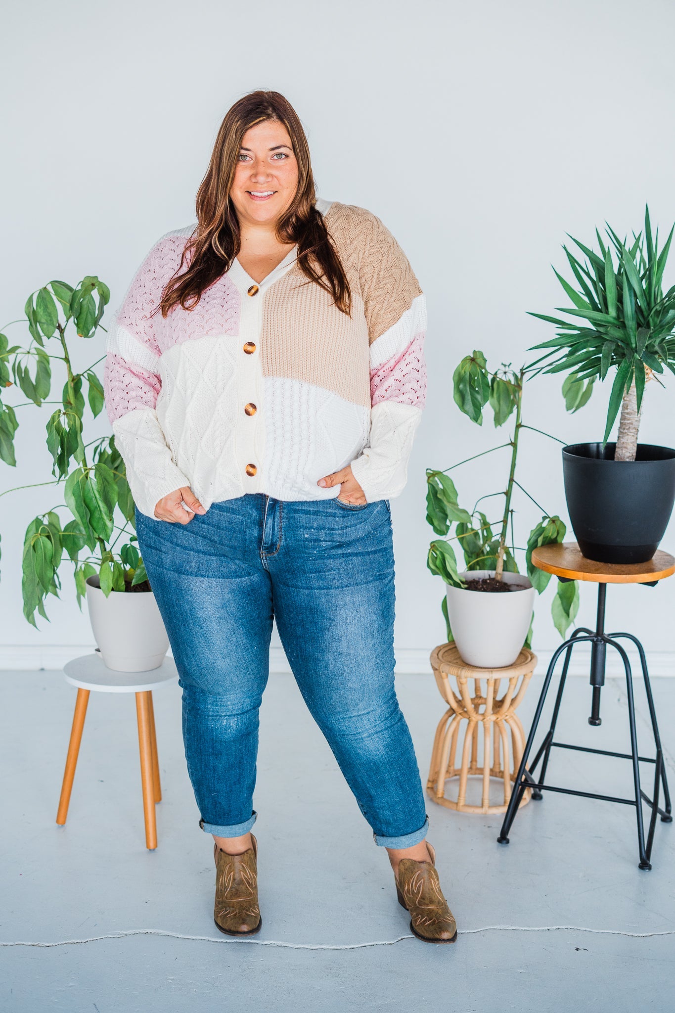 Color Block Knitted Cardigan W/ Button Down Front - Whiskey Skies