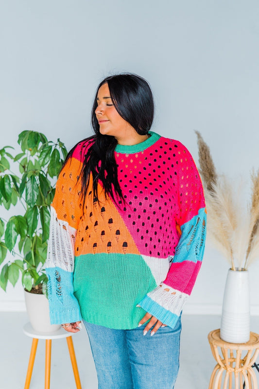 Color Block Open Knit Sweater - Whiskey Skies