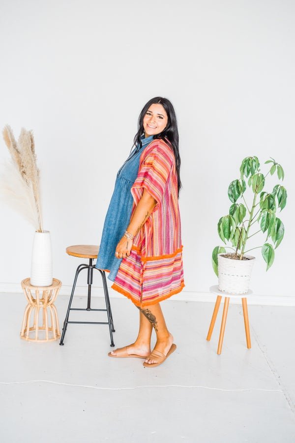 Colorful Fringe Trim Cover Up Kimono - Whiskey Skies