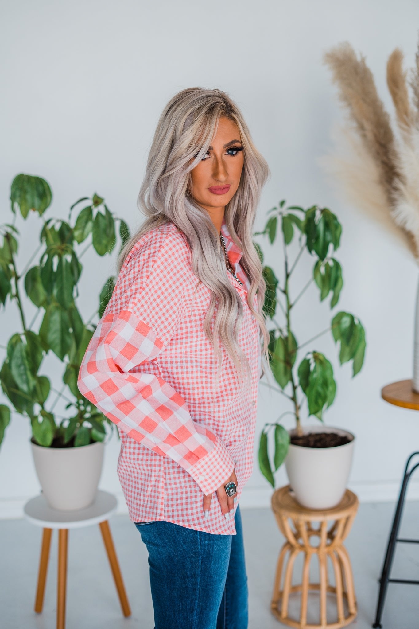 Coral & White Gingham Button Down Shirt - Whiskey Skies
