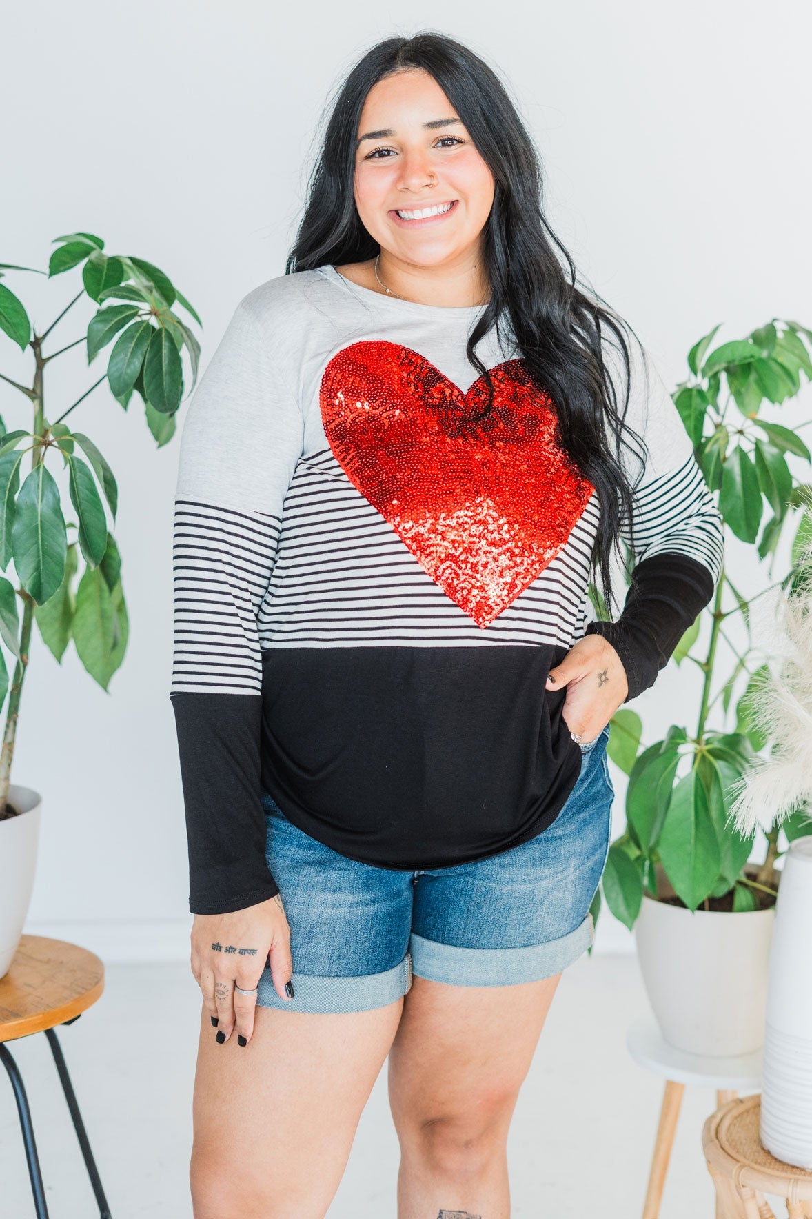 Cream And Black Striped Sequin Heart Top - Whiskey Skies