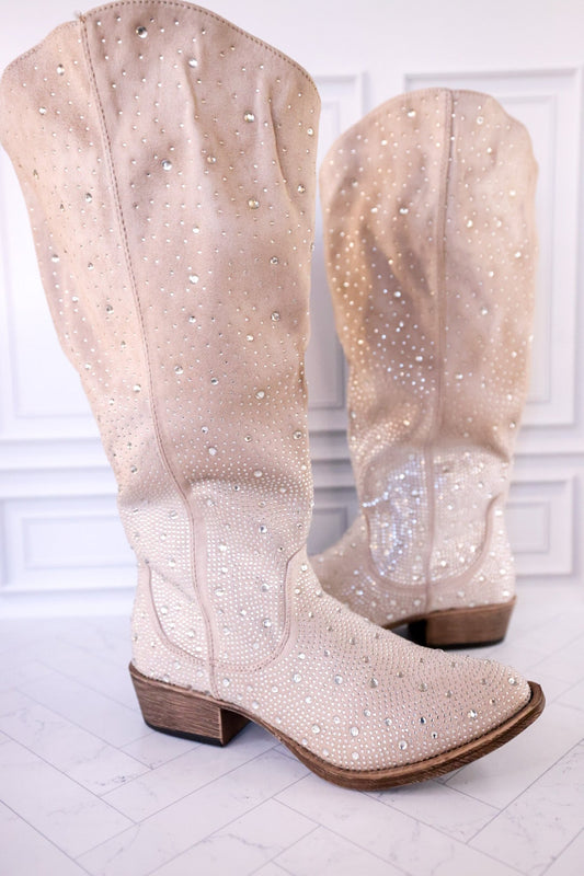 Cream Crystal Wide Calf Boots - Whiskey Skies