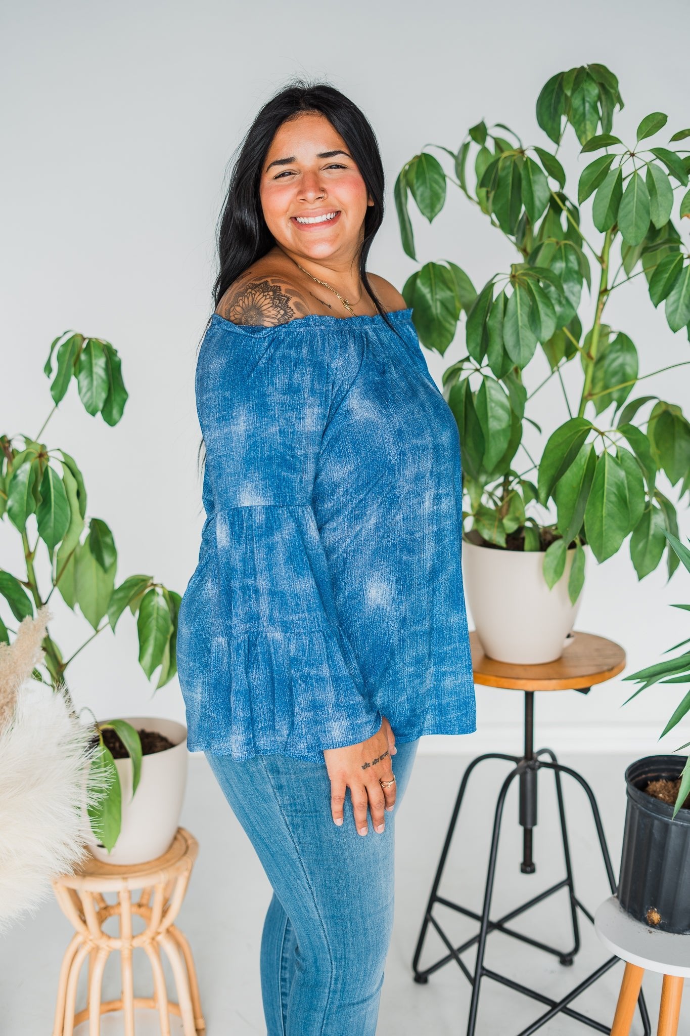 Denim Colored Wide Neck Blouse - Whiskey Skies