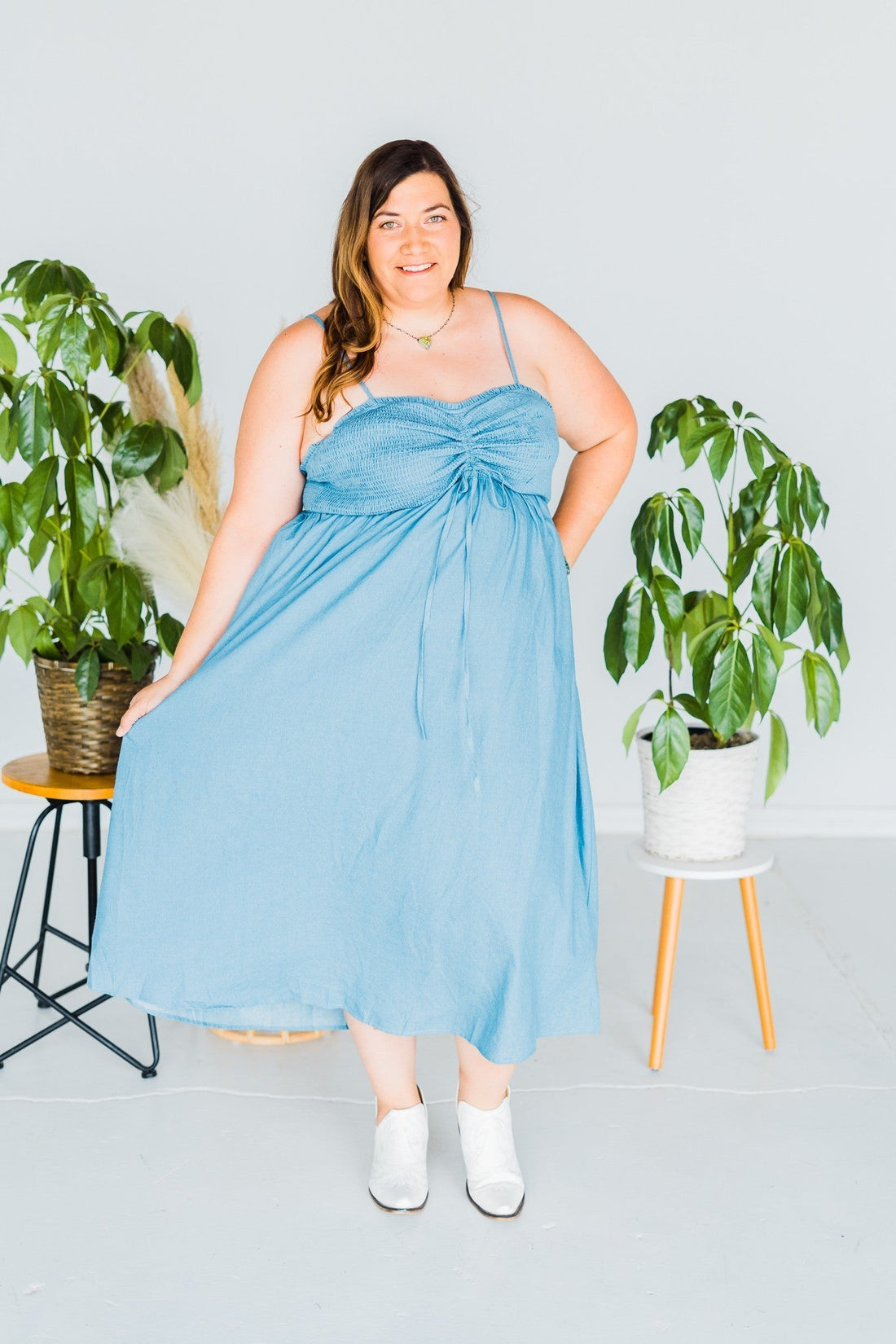 Denim Smocked Maxi Dress - Whiskey Skies