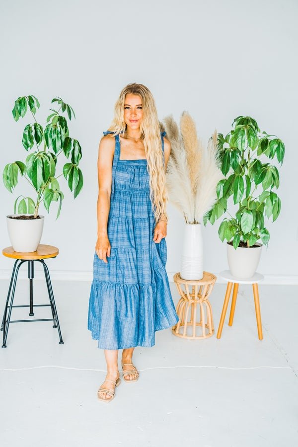 Denim Tie Shoulder Midi Dress - Whiskey Skies