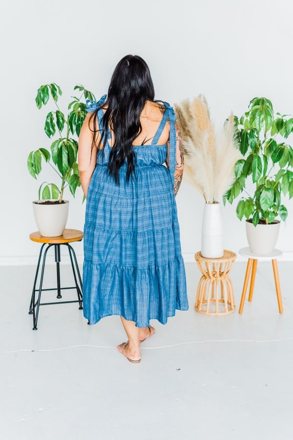 Denim Tie Shoulder Midi Dress - Whiskey Skies