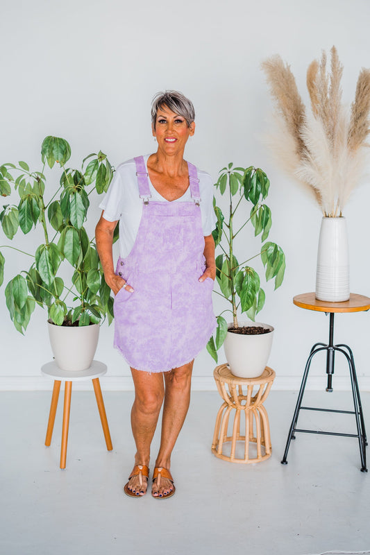 Distressed Lilac Raw Hem Overall Mini Dress - Whiskey Skies