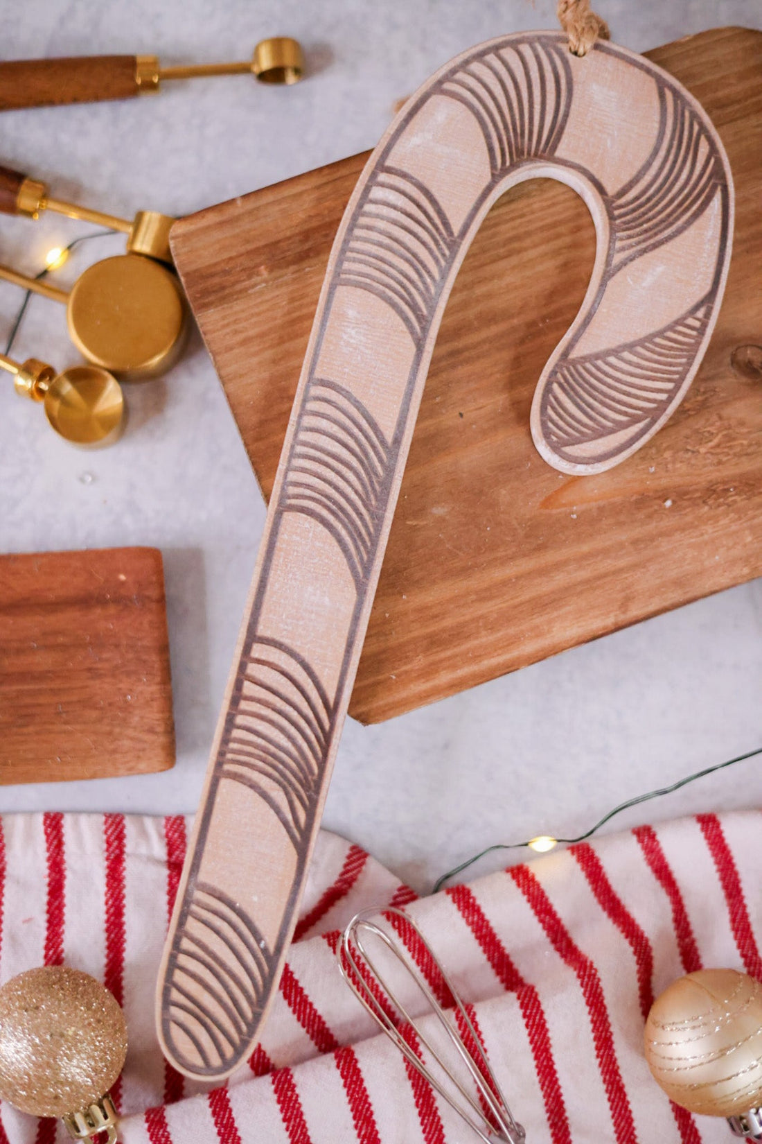 Double Sided Wooden Candy Cane Ornament - Whiskey Skies