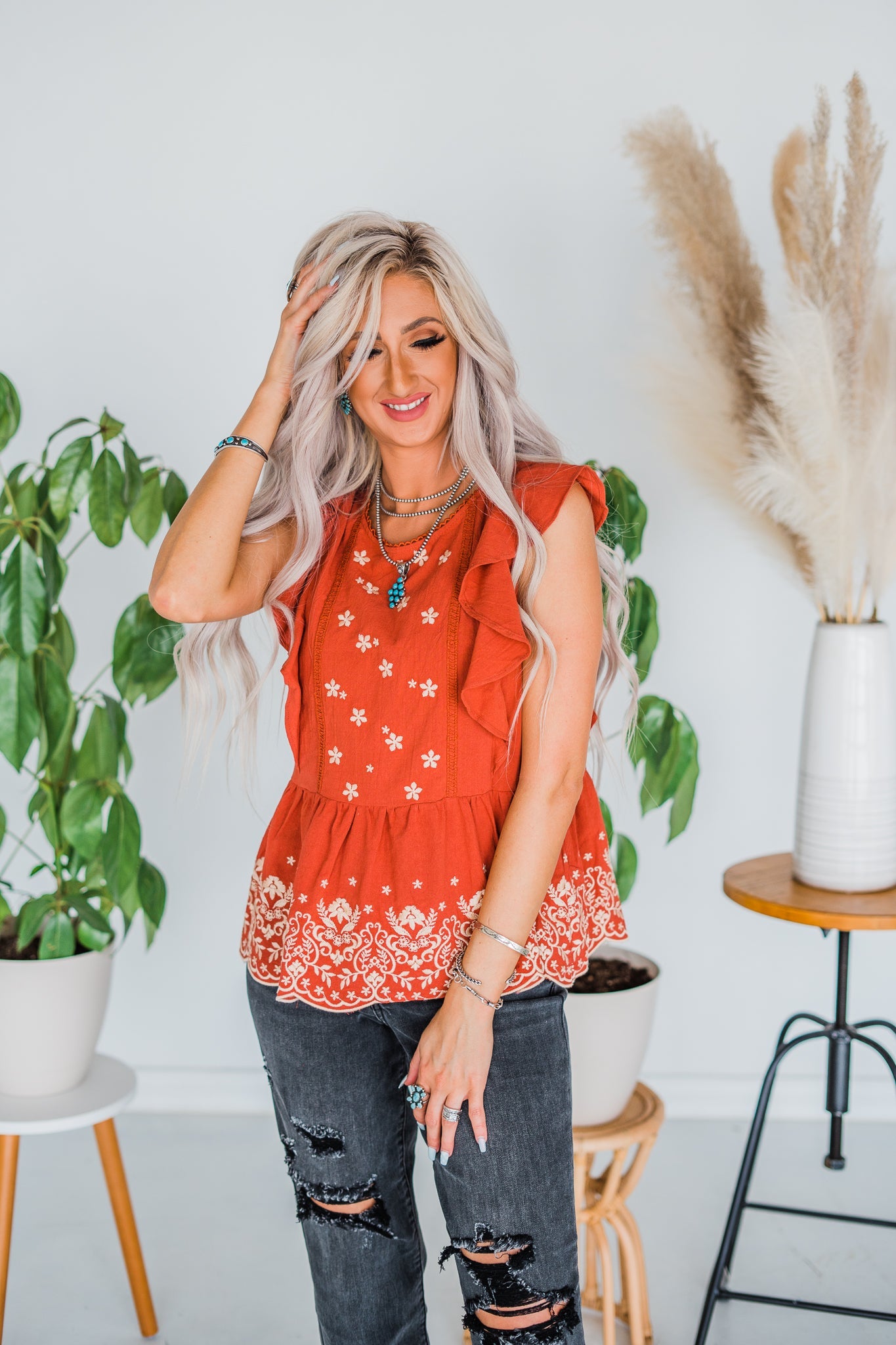 Embroidered Babydoll Top - Whiskey Skies