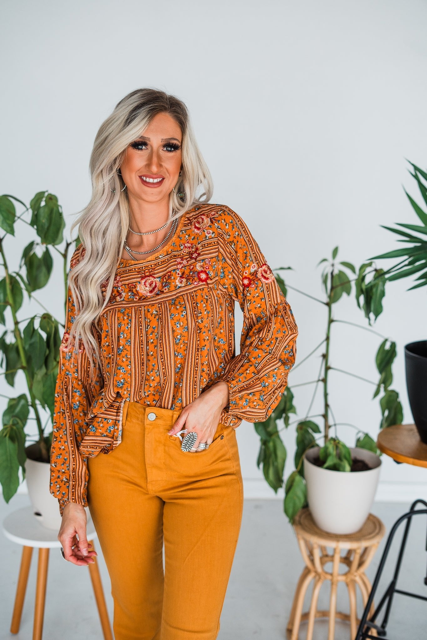 Embroidered Long Sleeve Top - Whiskey Skies