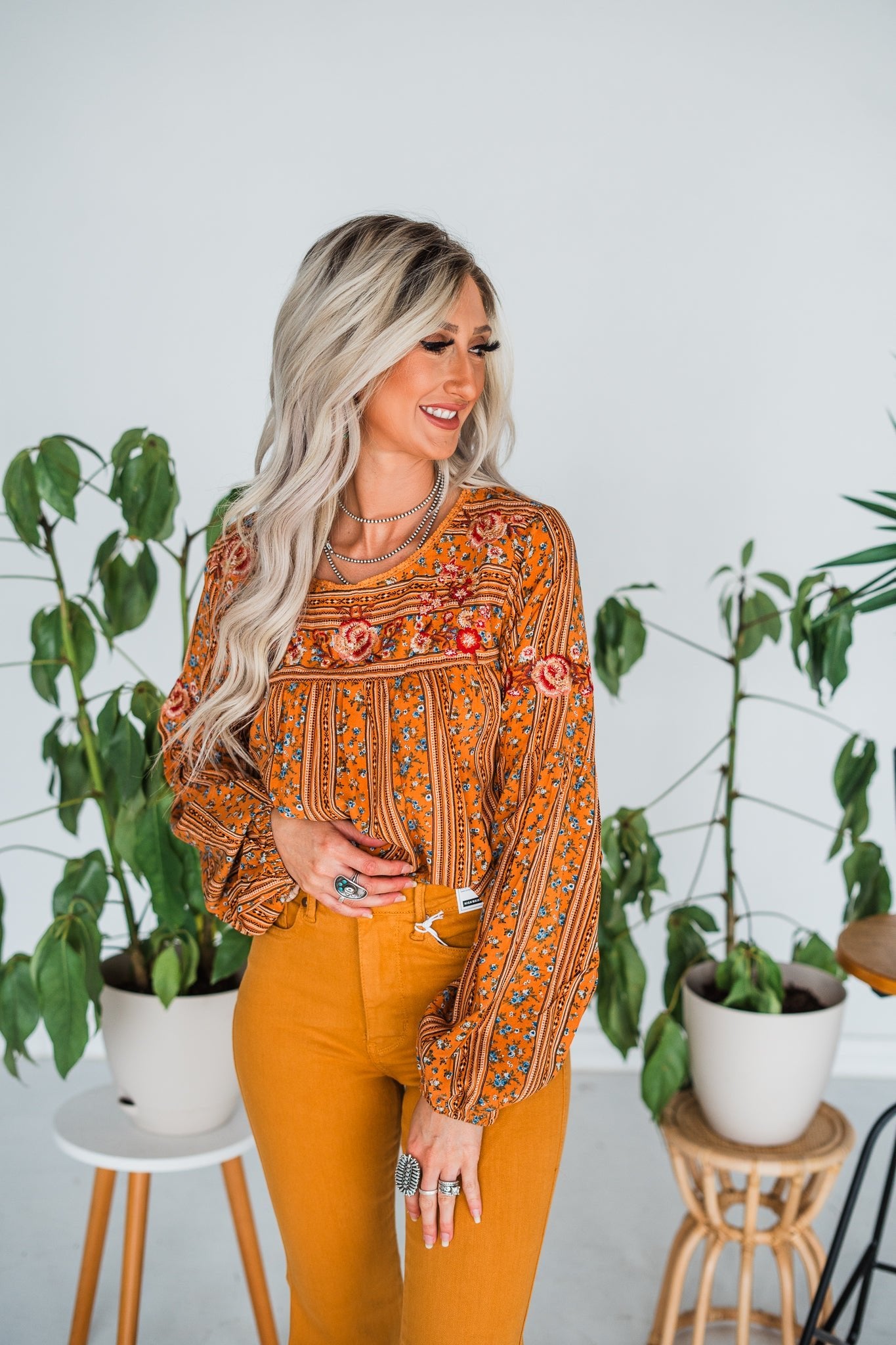 Embroidered Long Sleeve Top - Whiskey Skies