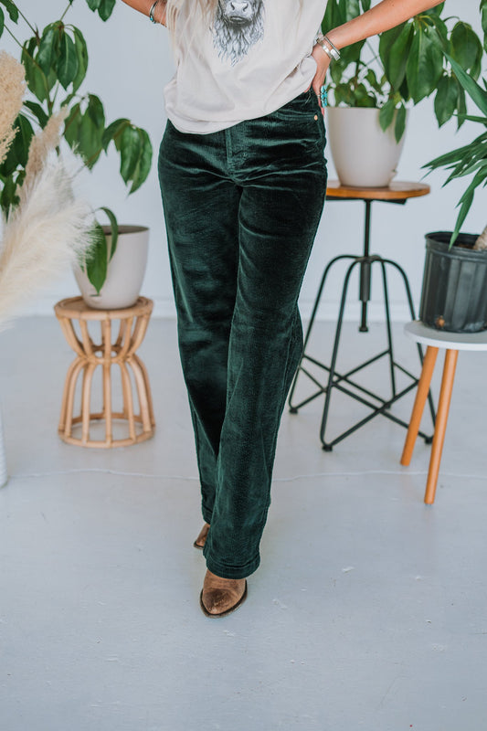 Emerald Green Corduroy Wide Leg Jeans - Whiskey Skies