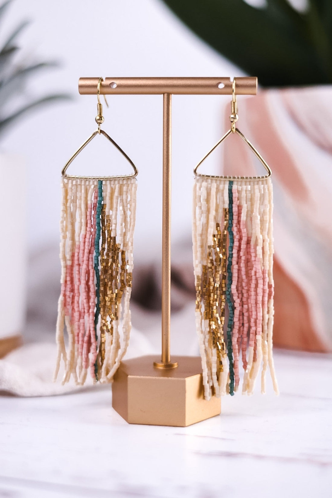 Erica Split Diamond Beaded Fringe Earrings Blush - Whiskey Skies