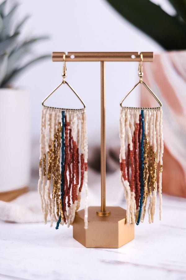 Erica Split Diamond Beaded Fringe Earrings Rust - Whiskey Skies